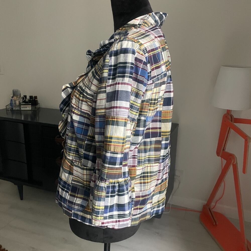 90s J. Crew Women's 6 Rainbow Madras Plaid Ruffled Swing 1/4 Sleeve Jacket - Picture 5 of 9